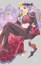 Rule 34 | 1girl, absurdres, big hair, black capelet, black gloves, black pants, braid, breasts, capelet, cherico, closed mouth, crop top, dated, earrings, feet out of frame, floral print, flower, french braid, gloves, grey background, hair flower, hair ornament, highleg, highres, holding, holding flower, invisible chair, jewelry, lead, crossed legs, long hair, long sleeves, looking at viewer, medium breasts, navel, original, pants, petals, print sleeves, red eyes, red footwear, rose, rose petals, rose print, signature, silver hair, simple background, single earring, sitting, smelling, smile, solo, very long hair, wavy hair, wide sleeves, yellow flower, yellow rose