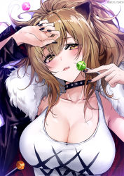 Rule 34 | 1girl, animal ears, arknights, arm up, artist name, black choker, black jacket, black nails, breasts, brown eyes, brown hair, candy, choker, cleavage, collarbone, commentary, food, fur-trimmed jacket, fur trim, hand up, highres, holding, holding food, jacket, large breasts, lion ears, lollipop, long hair, looking at viewer, matori (penguin batake), nail polish, siege (arknights), solo, tank top, tongue, tongue out, twitter username, upper body, white background, white tank top