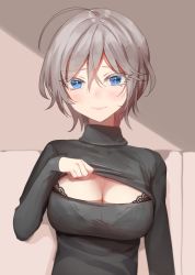 Rule 34 | 1girl, anastasia (idolmaster), antenna hair, backless dress, backless outfit, black bra, black shirt, blue eyes, blush, bra, breasts, cleavage, cleavage cutout, clothes lift, clothing cutout, commentary, dress, grey hair, hair between eyes, highres, idolmaster, idolmaster cinderella girls, lace, lace-trimmed bra, lace trim, large breasts, long sleeves, rum raisin (chihiromakita19), see-through, shirt, shirt lift, short hair, smile, solo, turtleneck, underwear, upper body
