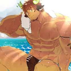 Rule 34 | 1boy, abs, animal ears, bara, blackcatlandr, brown eyes, brown hair, brown male swimwear, chinese commentary, commentary request, cow boy, cow ears, cow horns, dark-skinned male, dark skin, eye black, facial hair, fiery horns, forked eyebrows, glowing horns, goatee, highres, horns, large pectorals, looking at viewer, male focus, male swimwear, muscular, muscular male, navel, nipples, pectorals, rugby underwear, short hair, smile, solo, spiked hair, swim briefs, thick eyebrows, thick thighs, thighs, tokyo houkago summoners, topless male, towel, towel around neck, wakan tanka, wakan tanka (fashionista swimsuit)