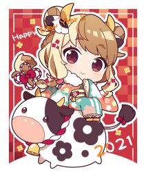 Rule 34 | 1girl, 2021, bell, blonde hair, blush, bow, braid, brown eyes, brown hair, chibi, chinese knot, chinese zodiac, cow, double bun, english text, floral print, fur collar, hair bow, hair bun, hair ornament, hairclip, hand up, happy new year, horns, japanese clothes, kimono, koguma105, lace trim, long hair, long sleeves, looking at viewer, multicolored hair, neck bell, new year, obi, on animal, original, rope, sash, sidesaddle, sitting, smile, solo, tail, tail bow, tail ornament, twin braids, two-tone hair, wide sleeves, year of the ox