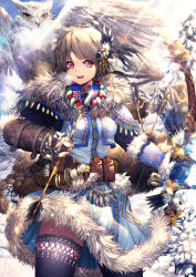Rule 34 | 1girl, absurdres, bad id, bad pixiv id, beluga dolphin, bird, bow (weapon), braid, dagger, fantasy, fur trim, hair ornament, highres, knife, looking at viewer, original, owl, pink eyes, pouch, smile, snow, weapon, white hair