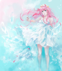 Rule 34 | 1girl, blue eyes, breasts, dress, flower, hair flower, hair ornament, head wreath, highres, jewelry, just be friends (vocaloid), large breasts, long hair, megurine luka, nail polish, petals, pink hair, ribbon, ring, siyouko, skirt, solo, vocaloid, white dress, white skirt