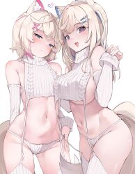Rule 34 | 2girls, absurdres, animal ear fluff, animal ears, bare shoulders, blonde hair, blue eyes, blue hair, breasts, closed mouth, collar, commentary, detached sleeves, dog ears, dog girl, dog tail, fang, flat chest, fuwawa abyssgard, garter straps, hair ornament, hairclip, highres, hololive, hololive english, large breasts, long hair, meme attire, mococo abyssgard, multicolored hair, multiple girls, namiorii, navel, open mouth, panties, pink eyes, pink hair, ribbed legwear, ribbed panties, ribbed sleeves, ribbed sweater, ribbed thighhighs, short hair, siblings, sideboob, sisters, skin fang, sleeveless, sleeveless sweater, sleeveless turtleneck, streaked hair, sweater, tail, thighs, turtleneck, turtleneck sweater, twins, underwear, virgin destroyer sweater, virtual youtuber, white garter straps, white panties, white sweater, x hair ornament