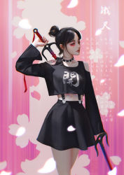 Rule 34 | 1girl, absurdres, black hair, black nails, choker, cowboy shot, dagger, digele, double-blade, floral background, green eyes, hair bun, highres, knife, long sleeves, looking to the side, makeup, nail polish, original, parted lips, pink background, shirt overhang, single hair bun, skirt, solo, spiked choker, spikes, tattoo, weapon