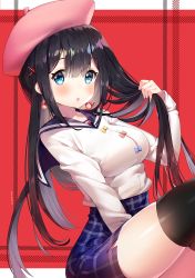 Rule 34 | 1girl, :o, ayamy, black hair, black thighhighs, blue eyes, blue sailor collar, blue skirt, blush, bow, breasts, earrings, glint, hair between eyes, hair ornament, hand up, hat, highres, holding, holding own hair, jewelry, knees up, long hair, long sleeves, looking at viewer, medium breasts, miniskirt, original, parted lips, pink hat, plaid, plaid skirt, red background, sailor collar, school uniform, shirt, shirt tucked in, sidelocks, sitting, skindentation, skirt, solo, tareme, thighhighs, very long hair, white shirt, x hair ornament, zettai ryouiki
