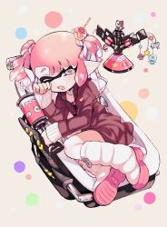 Rule 34 | 1girl, amezawa koma, asymmetrical bangs, beige background, black dress, bloblobber (splatoon), boots, commentary, dango hair ornament, dress, fangs, fetal position, food-themed hair ornament, from above, hair ornament, heart, highres, inkling, inkling girl, inkling player character, jellyfish (splatoon), judd (splatoon), li&#039;l judd (splatoon), logo, long sleeves, looking at viewer, lying, nintendo, octotrooper, on side, one eye closed, pillow, pointy ears, polka dot, polka dot background, shirt, short hair, short twintails, skin fangs, sleeping, solo, splat bomb (splatoon), splatoon (series), splatoon 2, splattershot jr (splatoon), sprinkler (splatoon), squid, star (symbol), symbol-only commentary, tentacle hair, turtleneck, twintails, white footwear, white shirt