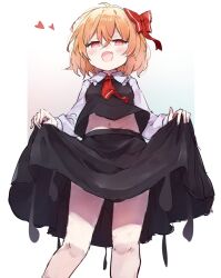 Rule 34 | 1girl, ar (maeus), ascot, black skirt, black vest, blonde hair, blush, breasts, collared shirt, fang, feet out of frame, frilled shirt collar, frills, hair between eyes, hair ribbon, heart, long sleeves, looking at viewer, open mouth, red ascot, red eyes, red ribbon, ribbon, rumia, shirt, short hair, skin fang, skirt, small breasts, smile, solo, touhou, vest, white shirt