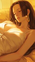Rule 34 | 1girl, 617393melody, bare shoulders, black hair, boa hancock, breasts, cleavage, closed eyes, commentary, dress, earrings, english commentary, highres, jewelry, long hair, lying, on back, one piece, parted lips, sleeping, snake earrings, solo, white dress