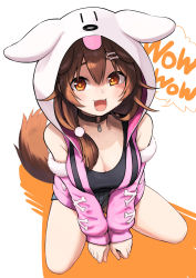 Rule 34 | 1girl, animal collar, animal ears, bone hair ornament, breasts, brown eyes, brown hair, cleavage, collar, dog ears, dog girl, dog tail, eyebrows hidden by hair, fake animal ears, fangs, from above, full body, hair ornament, hair over shoulder, highres, hololive, inugami korone, inugami korone (loungewear), large breasts, o-ring, o-ring collar, open mouth, sabaku chitai, short shorts, shorts, sitting, smile, solo, tail, virtual youtuber