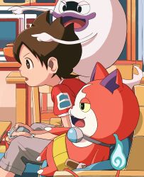Rule 34 | 10s, 1boy, absurdres, amano keita, bad id, bad pixiv id, besuyama, brown eyes, brown hair, candy, candy bar, cat, chair, chocoboo, controller, couch, fang, food, game controller, ghost, highres, indoors, jibanyan, microwave, notched ear, open mouth, pointing, purple lips, short hair, sitting, table, watch, whisper (youkai watch), wristwatch, traditional youkai, youkai watch, youkai watch (object)
