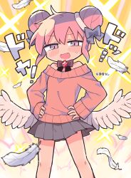 Rule 34 | 1girl, absurdres, bare shoulders, blush, bow, cowboy shot, datenshi-chan (nanawo akari), double bun, embarrassed, explosion, falling feathers, fang, feathered wings, feathers, grey bow, grey skirt, hair between eyes, hair bun, halo, hands on own hips, highres, looking at viewer, nanawo akari, open mouth, original, pink eyes, pink hair, pink sweater, pleated skirt, pull cord, richard (richaball), sidelocks, skirt, smile, solo, sparkle, sweatdrop, sweater, terada tera (style), translation request, white wings, wings