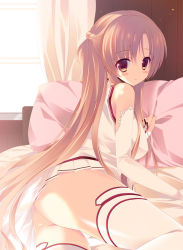 Rule 34 | 10s, 1girl, ass, asuna (sao), bad id, bad pixiv id, bare shoulders, bed, blush, braid, breasts, brown hair, curtains, elbow gloves, gloves, half updo, long hair, looking back, lying, mitsuki tsumi, no panties, pillow, pleated skirt, skirt, solo, sword art online, thighhighs, thighs, very long hair, white thighhighs, window