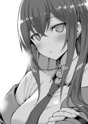 Rule 34 | 1girl, :o, blush, breasts, collared shirt, crossed arms, greyscale, hair between eyes, highres, jacket, long hair, long sleeves, looking at viewer, makise kurisu, medium breasts, monochrome, mushi024, necktie, off shoulder, shirt, solo, steins;gate, upper body, white background