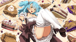 Rule 34 | 1girl, apron, blue hair, breasts, butt crack, cake, choker, cleavage, fetal position, food, frilled choker, frills, garimpeiro, highres, maid, maid apron, maid headdress, medium breasts, no panties, open hands, original, outstretched arm, pastry, pie, short twintails, solo, thighhighs, twintails, yellow eyes