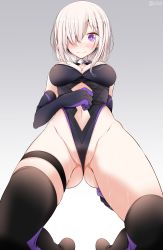 Rule 34 | 1girl, arm across waist, arm behind back, bad id, bad twitter id, blush, breasts, cleavage, elbow gloves, fate/grand order, fate (series), gloves, gluteal fold, groin, hair over one eye, highres, kneeling, large breasts, mash kyrielight, navel, oouso, purple eyes, solo, sweat, sweatdrop, thighhighs, white hair