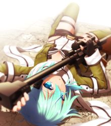 Rule 34 | 10s, 1girl, anti-materiel rifle, blue eyes, blue hair, blurry, bolt action, breasts, cleavage, depth of field, goribote, gun, hair ornament, hairclip, holding, looking at viewer, lying, matching hair/eyes, parted lips, pgm hecate ii, rifle, scarf, short hair, sinon, small breasts, sniper rifle, solo, sword art online, weapon