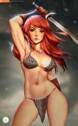 Rule 34 | 1girl, abs, armor, armpits, bikini armor, breasts, cleavage, didi esmeralda, gloves, highres, jewelry, long hair, looking at viewer, navel, necklace, patreon username, pauldrons, red hair, red sonja, red sonja (comics), scale armor, shoulder armor, signature, solo, sword, toned, weapon, yellow eyes