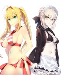 Rule 34 | 10s, 2girls, 714 (leg200kr), ahoge, apron, artoria pendragon (all), artoria pendragon (alter swimsuit rider) (second ascension) (fate), artoria pendragon (fate), back-to-back, bare shoulders, bikini, bikini top only, black bikini, black bow, black jacket, black skirt, blonde hair, bow, braid, breasts, cleavage, collar, expressionless, fate/extra, fate/grand order, fate/stay night, fate (series), frilled apron, frilled bikini, frilled collar, frilled legwear, frilled skirt, frills, green eyes, hair bow, hair bun, hair intakes, halterneck, hands on own hips, hip focus, hood, hoodie, jacket, long hair, looking at viewer, looking to the side, maid headdress, medium breasts, multiple girls, navel, neck ribbon, nero claudius (fate), nero claudius (fate) (all), nero claudius (swimsuit caster) (fate), open clothes, open jacket, pale skin, red bikini, red bow, ribbon, saber (fate), saber alter, side-tie bikini bottom, side-tie bottom, sideboob, silver hair, simple background, single hair bun, skirt, small breasts, smile, striped bikini, striped clothes, swimsuit, thighs, twintails, waist apron, white background, yellow eyes