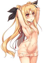 Rule 34 | 1girl, aran sweater, arched back, armpits, arms up, backless dress, backless outfit, black ribbon, blonde hair, blush, breasts, brown eyes, cable knit, cowboy shot, dress, fate testarossa, hair ribbon, halterneck, highres, long hair, looking at viewer, lyrical nanoha, mahou shoujo lyrical nanoha, medium breasts, meme attire, naked sweater, parted bangs, parted lips, raiou, ribbon, sideboob, simple background, solo, standing, sweater, sweater dress, tears, thighs, turtleneck, turtleneck sweater, twintails, very long hair, virgin killer sweater, white background