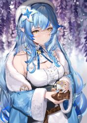 Rule 34 | 1girl, absurdres, beret, blue bow, blue bowtie, blue coat, blue hair, blue nails, bow, bowtie, braid, breasts, cleavage, cleavage cutout, clothing cutout, coat, commentary, corset, cup, dress, elf, fingernails, flower, fur-trimmed coat, fur trim, hair flower, hair ornament, half updo, hat, highres, holding, holding cup, hololive, huge filesize, large breasts, long fingernails, long hair, long sleeves, looking at viewer, lumium, nail art, nail polish, pointy ears, print coat, sidelocks, snowflake hair ornament, snowflake print, solo, underbust, very long hair, virtual youtuber, white dress, white hat, wide sleeves, yellow eyes, yukihana lamy