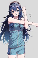 Rule 34 | 1girl, alternate costume, ameno (a meno0), bare shoulders, blue eyes, blue hair, blue shirt, blue shorts, commentary request, exercising, fire emblem, fire emblem awakening, grey background, grin, hair between eyes, long hair, looking at viewer, lucina (fire emblem), nintendo, shirt, shorts, simple background, smile, solo, strapless, strapless shirt, stretching, tiara