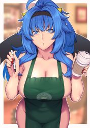 Rule 34 | 1girl, :o, absurdres, ahoge, apron, armpits, arms up, bare shoulders, blue hair, blunt bangs, blurry, blurry background, breasts, ceteee, cleavage, collarbone, commentary, cup, curly hair, disposable cup, english commentary, from above, green apron, hairband, highres, holding, holding cup, holding pen, iced latte with breast milk (meme), large breasts, long hair, looking at viewer, marker, meme, nail polish, naked apron, parted lips, pen, ponytail, red nails, sideboob, sidelocks, standing, starbucks, thigh gap