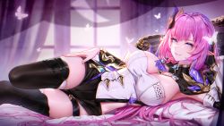 Rule 34 | 1girl, asymmetrical clothes, asymmetrical legwear, bed, bed sheet, black gloves, blue eyes, boots, breasts, bug, butterfly, cape, cleavage, closed mouth, clothing cutout, curtains, elbow rest, elf, elysia (honkai impact), elysia (miss pink elf) (honkai impact), gloves, hair between eyes, hair ornament, hand on own hip, hbb, highres, honkai (series), honkai impact 3rd, indoors, insect, large breasts, lips, long hair, long sleeves, looking at viewer, lounging, lying, on side, open mouth, pink hair, pointy ears, shorts, side cutout, single glove, smile, solo, thighhighs, window