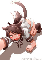 Rule 34 | 1girl, all fours, animal ears, brown eyes, brown hair, brown sailor collar, cat ears, cat tail, commentary request, kantai collection, no pants, one-hour drawing challenge, panties, ponytail, ray.s, sailor collar, school uniform, serafuku, shikinami (kancolle), shirt, short hair, simple background, solo, tail, underwear, white background, white panties, white shirt