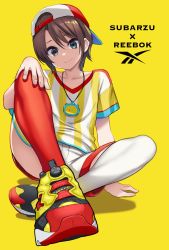 Rule 34 | 1girl, ad, alternate footwear, asymmetrical legwear, backwards hat, baseball cap, brown hair, english text, hair between eyes, hand on own knee, hat, highres, hololive, looking at viewer, meme50, mismatched legwear, multicolored footwear, oozora subaru, oozora subaru (1st costume), product placement, red thighhighs, reebok, reebok pump, shirt, shoes, short hair, shorts, sitting, smile, sneakers, solo, stopwatch, stopwatch around neck, striped clothes, striped shirt, t-shirt, thighhighs, vertical-striped clothes, vertical-striped shirt, virtual youtuber, watch, white thighhighs, yellow background