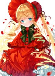 Rule 34 | 1girl, blonde hair, blue eyes, blunt bangs, blush, bonnet, bow, bowtie, capelet, commentary request, cowboy shot, curtsey, dress, drill hair, drill sidelocks, flower, flower brooch, frilled capelet, frilled dress, frills, green bow, green bowtie, highres, lolita fashion, long hair, long sleeves, looking at viewer, medium bangs, open mouth, petals, red capelet, red dress, red flower, red rose, riri5937, rose, rozen maiden, shinku, sidelocks, solo, twintails, very long hair