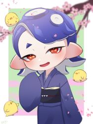 Rule 34 | 1girl, alternate hair length, alternate hairstyle, amakusa setoka, bird, blue hair, blurry, blurry background, border, branch, cephalopod eyes, cherry blossoms, chick, commentary request, eyeshadow, green background, highres, japanese clothes, kimono, looking at viewer, makeup, medium hair, nintendo, no earrings, octoling, open mouth, outside border, red eyes, red eyeshadow, red pupils, shiver (splatoon), sleeves past fingers, sleeves past wrists, smile, solo, splatoon (series), splatoon 3, tentacle hair, upper body, white border