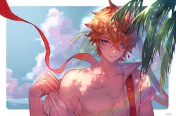 Rule 34 | 1boy, absurdres, blue eyes, cloud, commentary request, day, earrings, genshin impact, hair between eyes, highres, jewelry, kokollet, male focus, open clothes, open shirt, orange hair, outdoors, parted lips, pectorals, scar, scar on arm, scar on chest, shirt, signature, single earring, sky, solo, tartaglia (genshin impact), toned, toned male, upper body, water drop, wet, white shirt