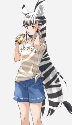 Rule 34 | 1girl, absurdres, ahoge, alternate costume, animal ear fluff, animal ears, black hair, blue shorts, blunt bangs, clothes writing, commentary, cowboy shot, drinking straw, drinking straw in mouth, extra ears, grey background, highres, kemono friends, long hair, looking away, multicolored hair, plains zebra (kemono friends), scrunchie, shirt, shorts, simple background, solo, striped clothes, striped shirt, t-shirt, tanabe (fueisei), tied shirt, two-tone hair, very long hair, white hair, wrist scrunchie, yellow eyes, zebra ears, zebra tail
