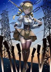 Rule 34 | 1girl, absurdres, blonde hair, boots, breasts, brown footwear, brown gloves, brown headwear, brown thighhighs, closed mouth, commentary, corset, detached sleeves, feet out of frame, fingerless gloves, gloves, gun, hana hebi, high collar, highres, knee boots, large breasts, long sleeves, looking at viewer, magical girl, magical musket, mahou shoujo madoka magica, mahou shoujo madoka magica (anime), medium hair, neck ribbon, power lines, puffy short sleeves, puffy sleeves, ribbon, shirt, short sleeves, skirt, skirt hold, sky, smile, solo, star (sky), starry sky, striped clothes, striped thighhighs, thighhighs, tomoe mami, twintails, vertical-striped clothes, vertical-striped thighhighs, weapon, white shirt, yellow eyes, yellow ribbon, yellow skirt, zettai ryouiki
