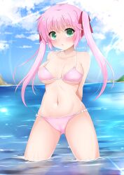 Rule 34 | 1girl, absurdres, arms behind back, bare shoulders, bikini, bikini day, blue sky, blush, breasts, cloud, cloudy sky, collarbone, commentary request, day, green eyes, hair ribbon, highres, horizon, long hair, looking at viewer, medium breasts, navel, ocean, original, outdoors, parted lips, pink bikini, pink hair, red ribbon, ribbon, sky, solo, standing, swimsuit, twintails, unico kasumi, very long hair, water