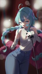 Rule 34 | 1girl, absurdres, ahoge, aqua eyes, aqua hair, bare shoulders, braid, chromatic aberration, closed mouth, denim, detached sleeves, expressionless, highres, jeans, long hair, long sleeves, looking to the side, microphone, microphone stand, mitsune haku, pants, rinrasetsu, sidelocks, sleeveless, sleeveless turtleneck, solo, turtleneck, twin braids, virtual youtuber, waktaverse, wide hips