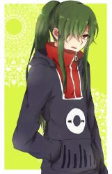 Rule 34 | 1girl, green hair, hair over one eye, hand in pocket, high collar, highres, hood, hoodie, kagerou project, kido tsubomi, long hair, long sleeves, open mouth, ponytail, red eyes, ringomaru, solo, yellow background, zipper