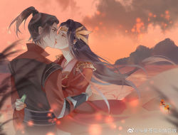 Rule 34 | 1boy, 1girl, artist request, black hair, bottle, cai lin (doupo cangqiong), crack, doupo cangqiong, dress, embers, french kiss, hair ornament, hetero, holding, holding bottle, hug, kiss, long hair, looking at another, pointy ears, ponytail, red dress, red sky, second-party source, sky, smoke, xiao yan (doupo cangqiong)