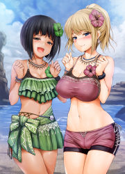 Rule 34 | 2girls, :d, bad id, bad pixiv id, beach, bikini, bikini skirt, black eyes, black hair, blastbeat, blonde hair, blue eyes, blush, bracelet, breasts, cameltoe, clenched hands, cloud, day, earrings, flower, hair flower, hair ornament, hands up, highres, hub lass, hub provisions lass, jewelry, large breasts, looking at viewer, medium breasts, midriff, monster hunter, monster hunter: world, monster hunter (series), multiple girls, navel, necklace, ocean, open mouth, ponytail, rock, shell, shell earrings, short hair, short shorts, shorts, sidelocks, skirt, sky, smile, standing, swimsuit, tankini, taut clothes