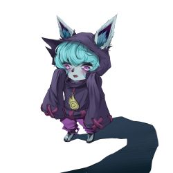 Rule 34 | 1girl, :o, animal ears, black nails, blush, ears through headwear, fang, full body, green hair, grey background, hands up, highres, hood, hooded coat, jeon (user ywaw3774), league of legends, living shadow, long sleeves, nail polish, open mouth, oversized clothes, pants, pink pants, purple eyes, short hair, simple background, standing, toenail polish, toenails, vex (league of legends), yordle