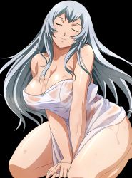 Rule 34 | 1girl, breasts, chouun shiryuu, closed eyes, covering privates, highres, ikkitousen, large breasts, lips, long hair, nude, nude cover, seiza, sitting, smile, solo, towel, wet, white hair