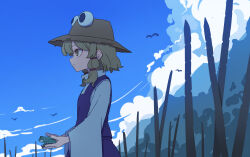 Rule 34 | 1girl, absurdres, animal, blonde hair, brown hat, closed mouth, commentary, day, frog, from side, hair ribbon, hat, highres, holding, holding animal, kame (kamepan44231), long sleeves, moriya suwako, outdoors, profile, purple skirt, purple vest, red ribbon, ribbon, shirt, skirt, solo, touhou, traditional media, tress ribbon, upper body, vest, white shirt, wide sleeves, yellow eyes