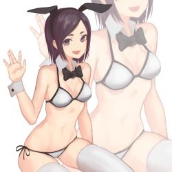 Rule 34 | 1girl, :3, animal ears, bad id, bad twitter id, bikini, black bow, black bowtie, black hair, bow, bowtie, breasts, cancell, detached collar, fake animal ears, fang, grey eyes, hand up, looking at viewer, medium breasts, navel, open mouth, original, rabbit ears, side-tie bikini bottom, sitting, smile, solo, swimsuit, thick eyebrows, thighhighs, waving, white bikini, white thighhighs, wrist cuffs, zoom layer