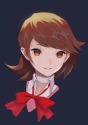 Rule 34 | 1girl, absurdres, black background, bow, bowtie, brown eyes, brown hair, choker, collared shirt, commentary, cropped shoulders, head, highres, immi (imm rune), looking at viewer, medium hair, no pupils, parted lips, persona, persona 3, portrait, red bow, red bowtie, shirt, simple background, smile, solo, swept bangs, takeba yukari, white choker, wing collar