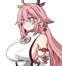 Rule 34 | 1girl, bare shoulders, blush, breasts, closed mouth, earrings, genshin impact, hair ornament, highres, hinghoi, jewelry, large breasts, long hair, pink hair, purple eyes, sideboob, simple background, smile, solo, upper body, white background, yae miko