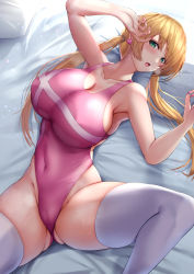 Rule 34 | 1girl, absurdres, arm up, armpits, bare shoulders, blonde hair, blush, breasts, cleavage, collarbone, commentary request, commission, covered erect nipples, covered navel, cowboy shot, earrings, green eyes, groin, gundam, gundam tekketsu no orphans, hair between eyes, heart, heart earrings, heavy breathing, highres, indoors, jewelry, lafter frankland, large breasts, leotard, long hair, looking at viewer, lying, on back, on bed, open mouth, pillow, pink leotard, shadow, sidelocks, skeb commission, skindentation, solo, sweat, taut leotard, thighhighs, tiri man, twintails, white thighhighs