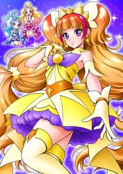 Rule 34 | 3girls, :d, amanogawa kirara, blonde hair, blue eyes, blue hair, boots, bow, brown hair, chibi, choker, cure flora, cure mermaid, cure twinkle, earrings, gloves, go! princess precure, green eyes, haruno haruka, jewelry, kaidou minami, knee boots, kneeling, long hair, low-tied long hair, magical girl, mattsua, multicolored hair, multiple girls, open mouth, pink hair, pink skirt, precure, purple eyes, purple hair, quad tails, red hair, ribbon, shoes, skirt, smile, star (symbol), star earrings, streaked hair, thighhighs, twintails, two-tone hair