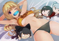 Rule 34 | ;d, armpits, arms behind head, arms up, black panties, blake belladonna, blonde hair, breasts, cameltoe, character doll, crop top, food, gluteal fold, highres, large breasts, long hair, mouth hold, navel, one eye closed, open mouth, panties, popsicle, purple eyes, ruby rose, rwby, smile, tank top, underboob, underwear, weiss schnee, yamacchi, yang xiao long