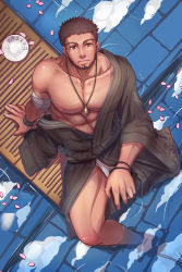Rule 34 | 1boy, abs, bandages, bara, belt, biceps, bracelet, brown hair, cloud, dark-skinned male, dark skin, dungeon and fighter, facial hair, fundoshi, highres, japanese clothes, jewelry, kimono, kulolin, looking at viewer, looking up, male focus, male underwear, manly, mature male, muscular, muscular male, necklace, nipples, pectorals, petals, plate, red eyes, reflection, scar, scar on face, serious, sitting, sky, solo, spiked hair, stubble, thighs, topless male, underwear, water, wooden floor, yukata
